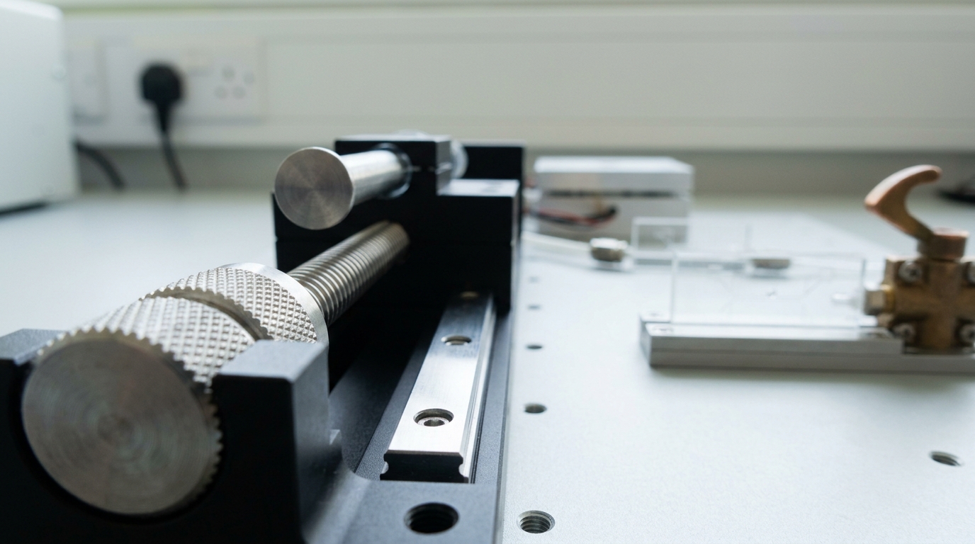 A microfluidic syringe-pump drive on an optical breadboard, its plunger still travelling in the old direction while the outlet valve has already begun swinging open the other way, a bead frozen mid-channel between the two states