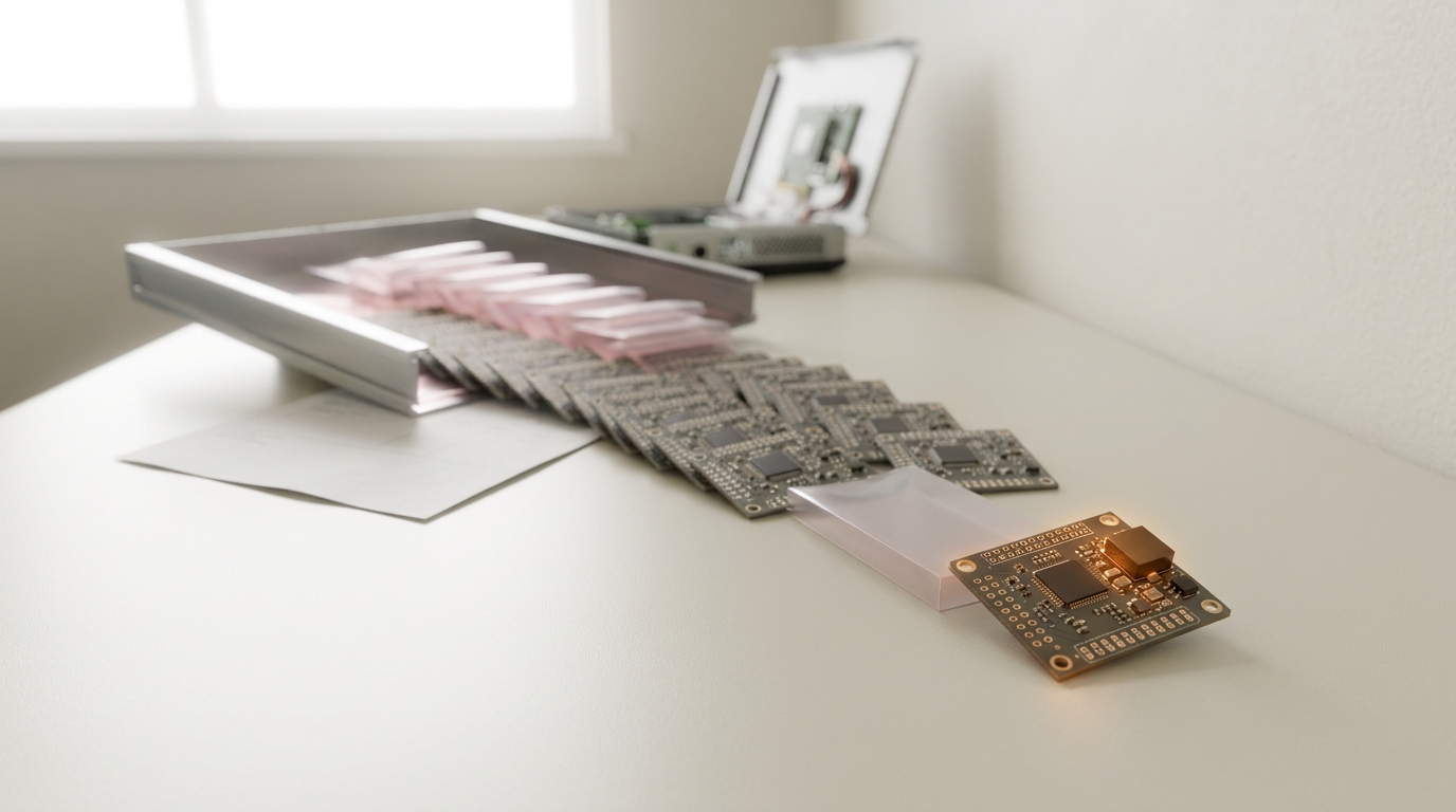 A shallow antistatic tray tipped on a bright lab bench with a delivery of identical circuit modules spread from it, one module carrying an extra component caught still sliding out of its sleeve and not yet settled