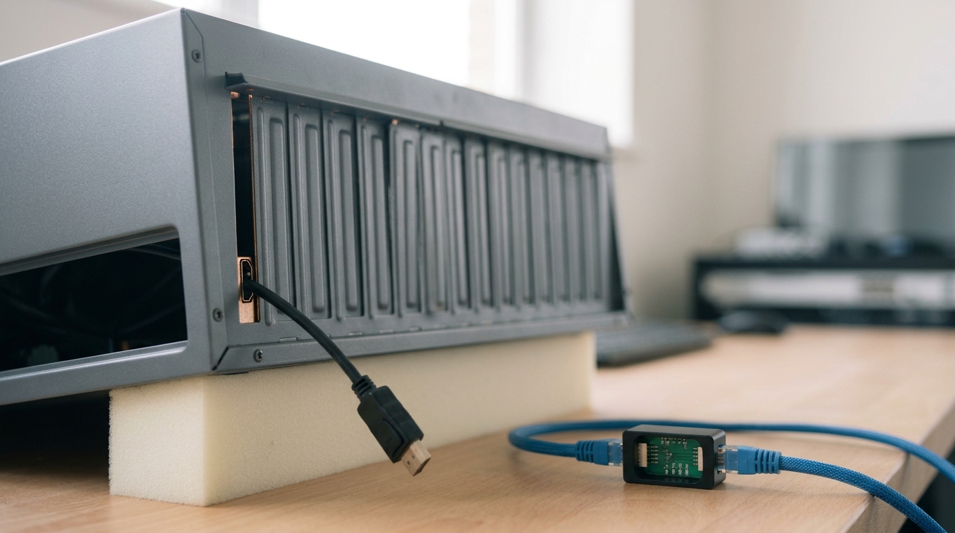 The back panel of a sheet-steel host raised at a bench edge, solid but for one small unblanked aperture, with a thin monitor lead caught halfway through it and an inline network tap spliced into a braided patch lead below