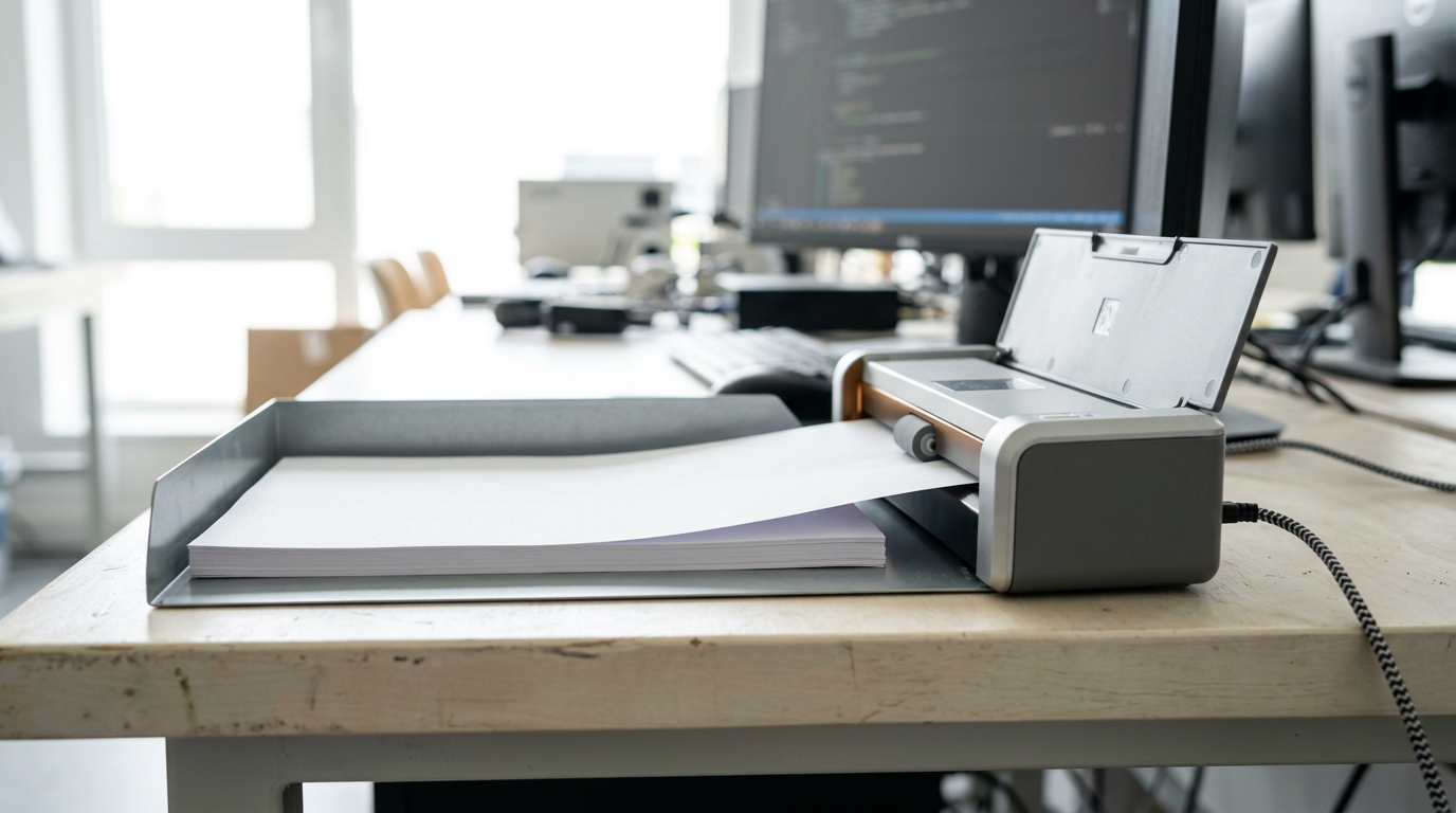 A document intake tray feeding a sheet-fed scanner on a bright lab bench, one plain sheet caught part-drawn under the feed roller, with a workstation screen beyond showing the same page already becoming a queued tool call