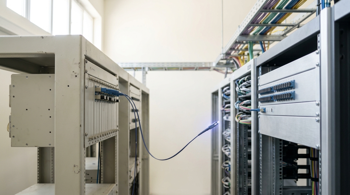 A terminal hall rack row where an older submarine-line terminal frame's patch panel sits beside a newly commissioned higher-capacity terminal, with one fiber jumper caught being moved from the old patch field to the new one