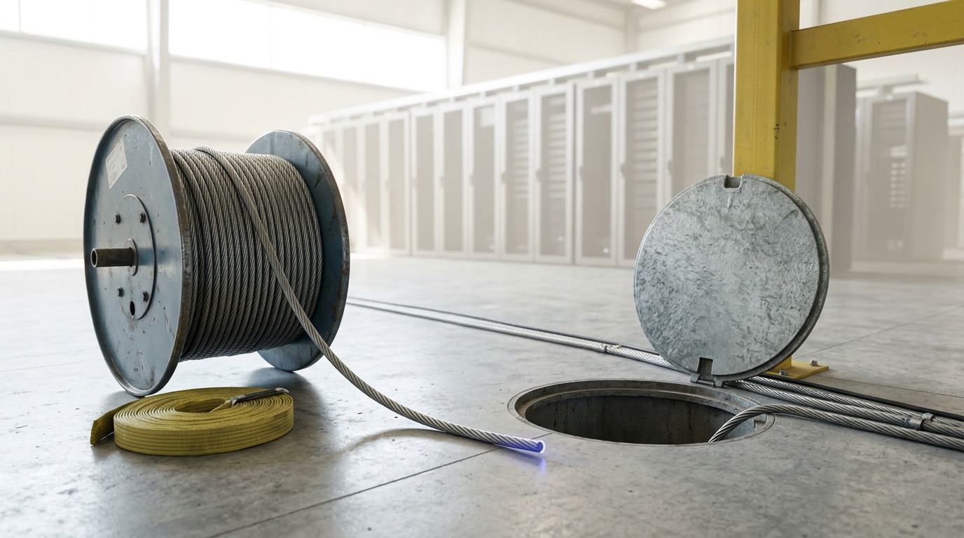 A newly delivered cable lead, still coiled on a drum, parked beside an open second manhole in the terminal hall floor that has not yet received it