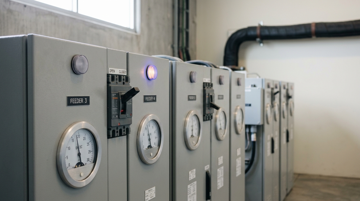 A power-feed equipment row of high-voltage DC supplies with one breaker handle caught mid-throw between two supplies feeding the same cable line
