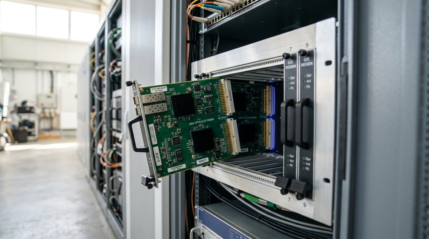 A submarine-line terminal equipment rack with its front panel open, a circuit card carrying the optical-to-electrical regeneration stage half-withdrawn on its rails mid-inspection