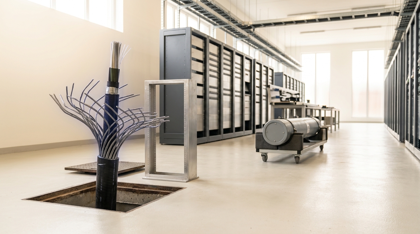 A bright subsea-cable landing station terminal hall where an armored cable rises from an open beach manhole in the floor toward a row of terminal racks, its outer steel armor wires caught half-unwound for termination, with a cylindrical repeater section resting on a transport cradle nearby