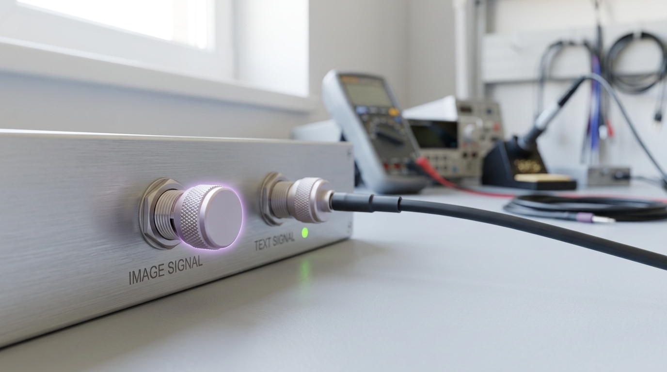 A patch point on an audit-lab bench where a single image-line connector is being capped, the cap's knurled collar only part-turned while the paired text-line connector beside it stays fully seated and live