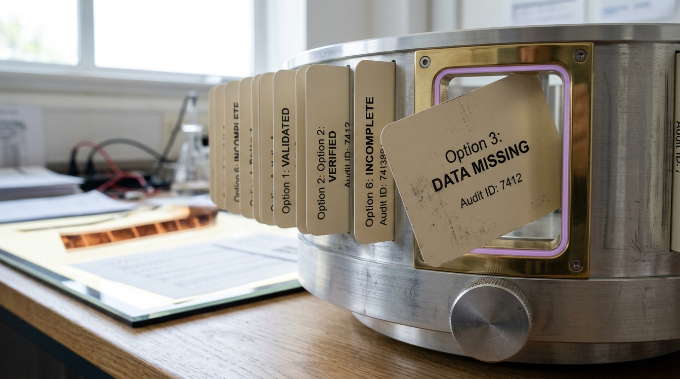 A machined answer-choice carousel on an audit-lab bench with its option cards arranged around a rotating drum, one card caught mid-rotation into the reading window, not yet clicked flat