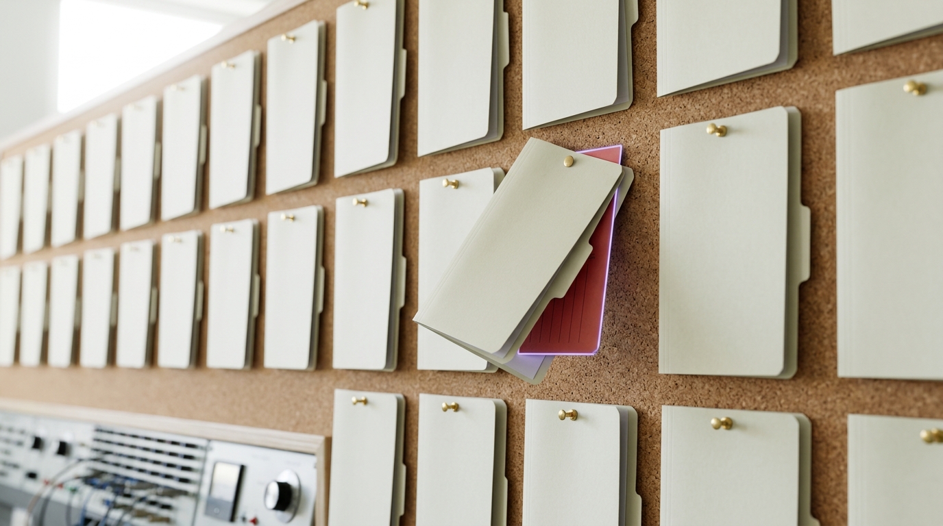 A corkboard case-file wall in an audit lab holding pinned dossiers on named benchmark suites, one dossier pulled part-way off its pin with a red tag showing beneath its cover