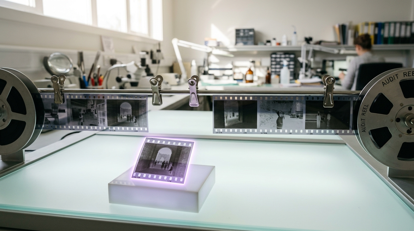 A hanging acetate filmstrip on a light table with one frame lifted free and set on its own small lightbox beside the strip, the strip's neighbouring frames still hanging in their run