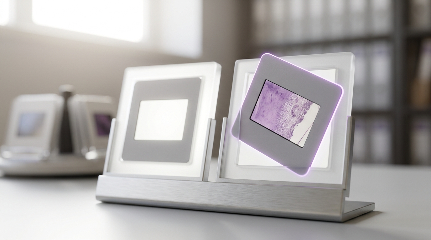 A paired slide viewer on an audit-lab bench holding two backlit transparencies side by side, the second slide caught tilted and only part-slid into its holder while the first sits flush and lit