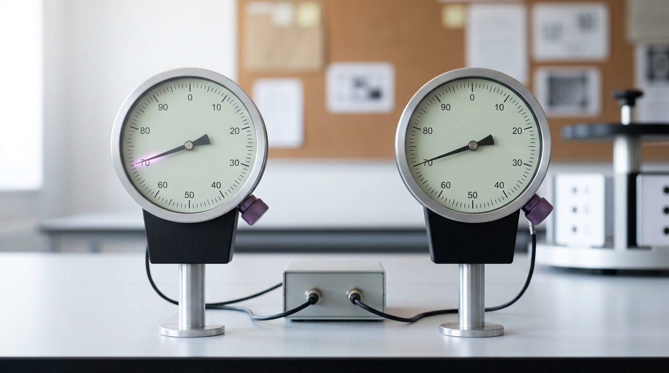 Two identical brushed-aluminium comparator dials on an audit-lab bench, their needles caught mid-swing at different heights on the same recorded benchmark run, one dial fed the full image-and-question signal and the other fed a copy with its image line capped