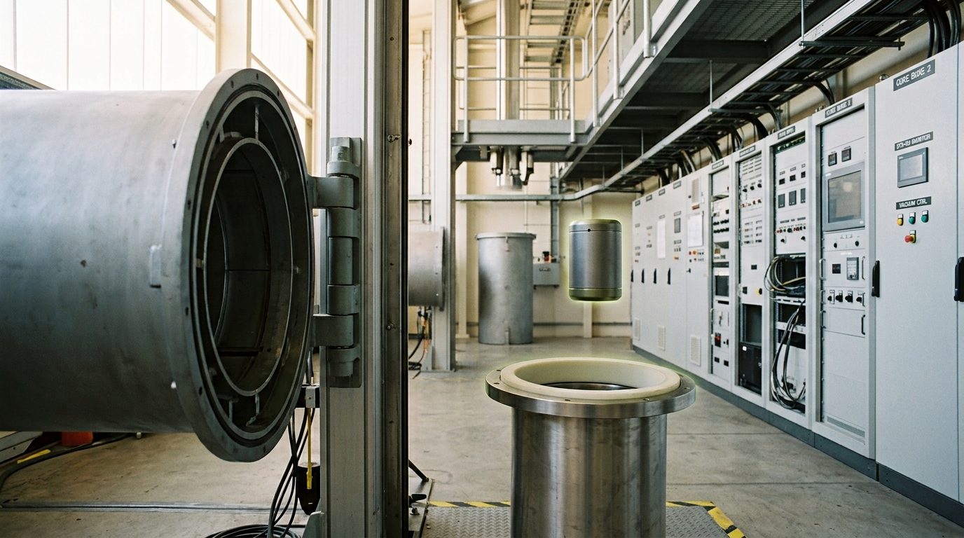 A dual-species test-mass capsule falling through the lower reach of a drop-tower bore, still a hand's width above the catch tube's open padded collar, with two mu-metal shield cylinders ringing the bore on either side