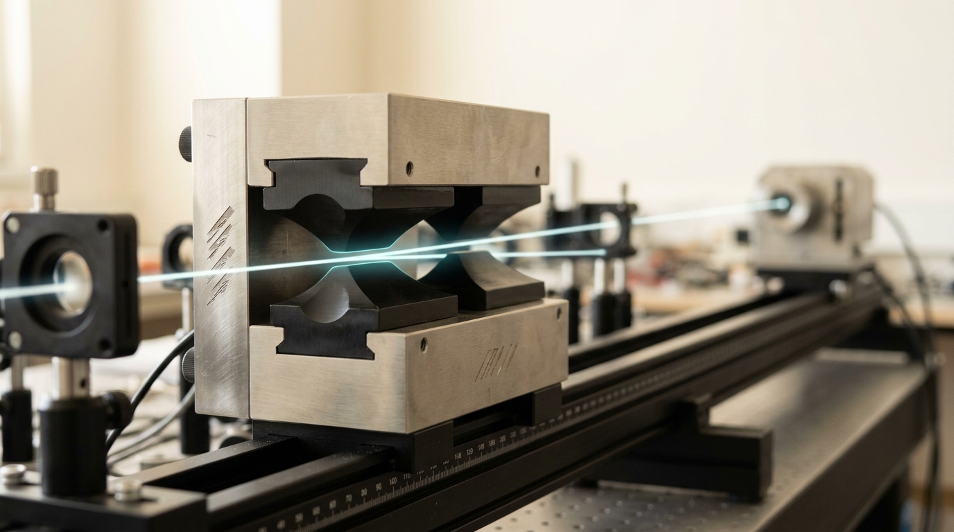 A small high-finesse optical cavity mounted between two colour-filtered beam paths at a vacuum chamber's midsection, with a fibre-optic connector held on a jig a few millimetres short of its receptacle