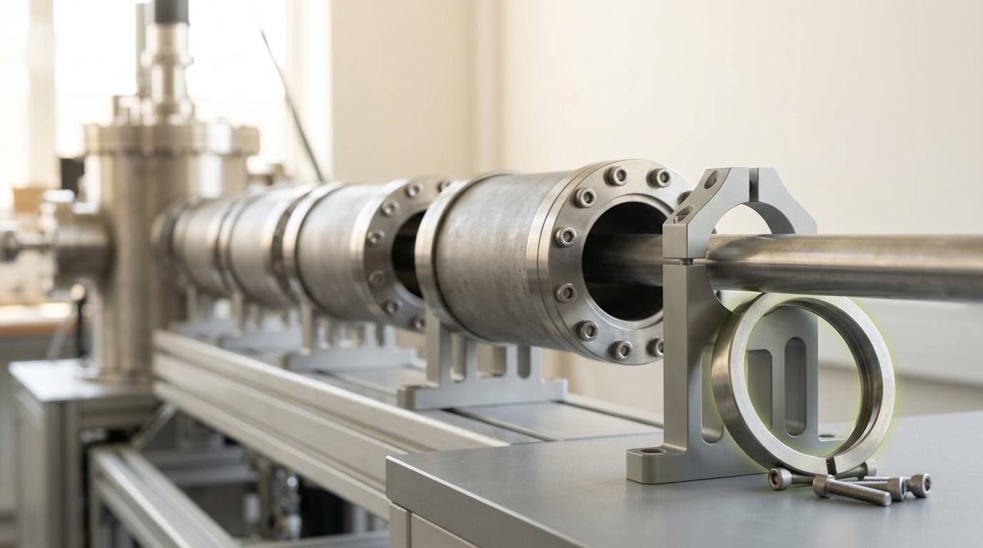 A row of five mu-metal shield-cylinder mounting positions along a beamline, four cylinders bolted closed and a fifth position at the end standing empty with its bracket unbolted