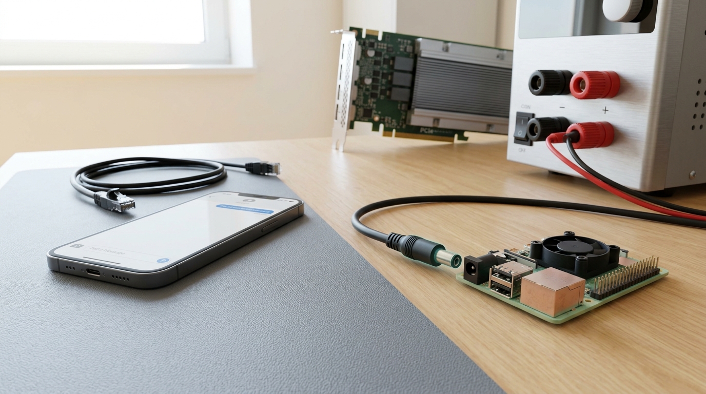 A bench power supply's output plug caught half withdrawn from a single-board computer's barrel jack while a phone beside it on the mat goes on rendering text off its own battery, its network cable lying unplugged