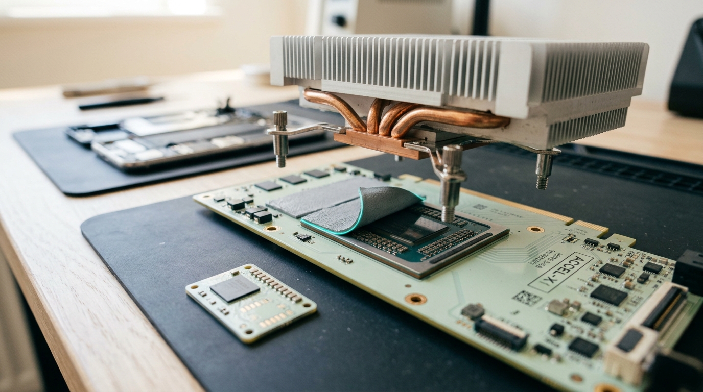 A datacentre accelerator card with its heatsink and grey silicone thermal pad lifted part-way clear, half revealing the die and its ring of memory stacks, beside a small NPU module carrying one memory package