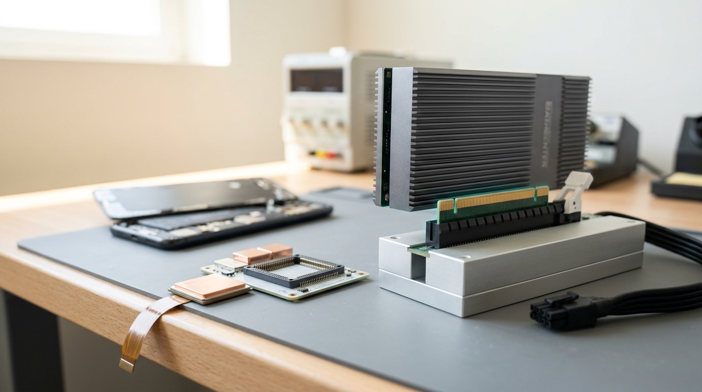 A datacentre accelerator card standing half-seated in an open bench riser slot with its retention latch still up and no power lead fitted, while the small NPU module's carrier socket sits empty behind it