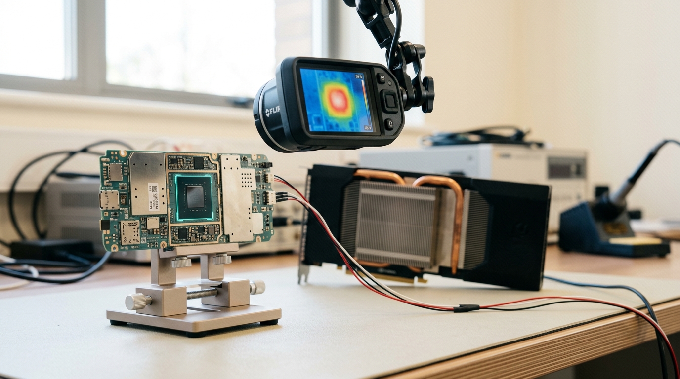 A thermal camera on a bench arm aimed at a bare phone mainboard held upright in a stand, a first hot bloom just appearing over the system-on-chip, with a datacentre accelerator card standing cool behind