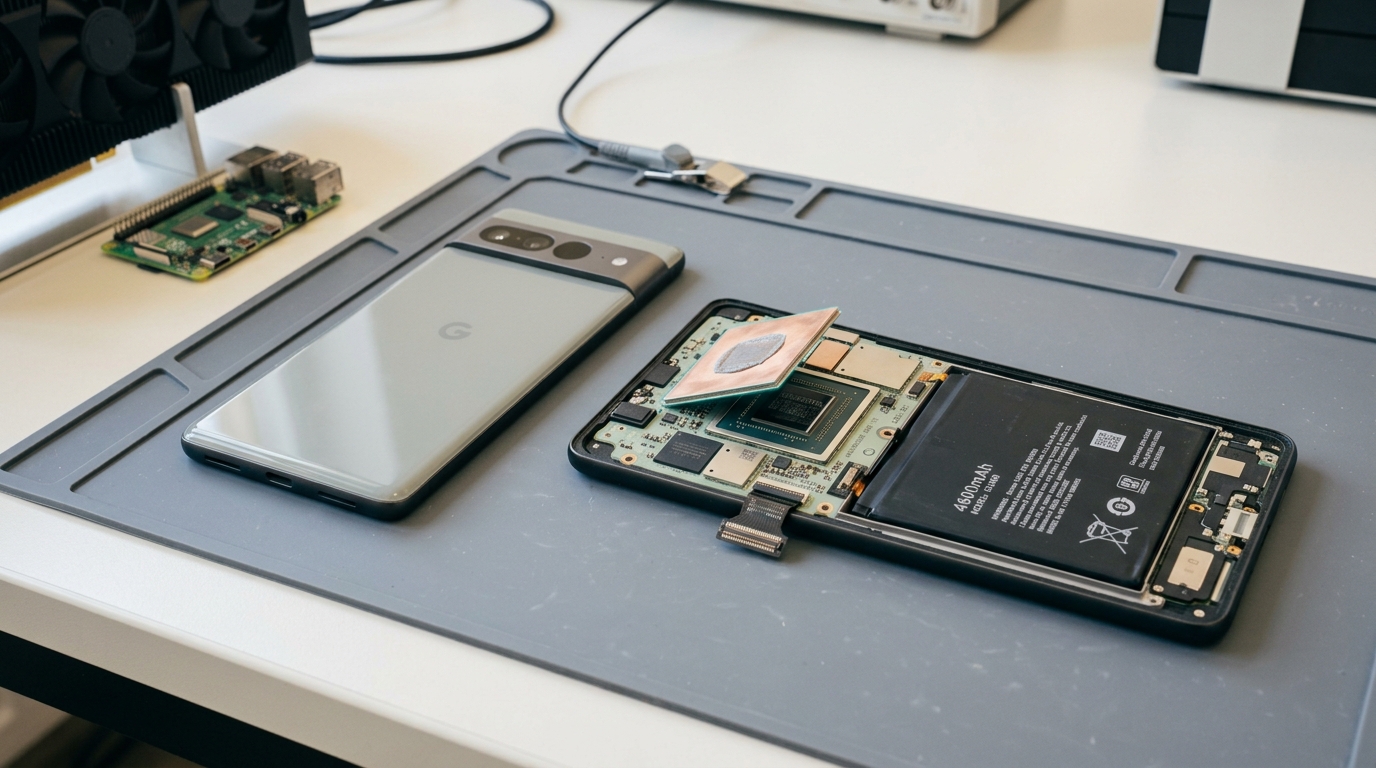 A phone lying opened on an anti-static mat with its battery pouch and copper SoC shield can exposed, the shield lifted part-way off the chip, and a full-height datacentre accelerator card standing on the bench behind