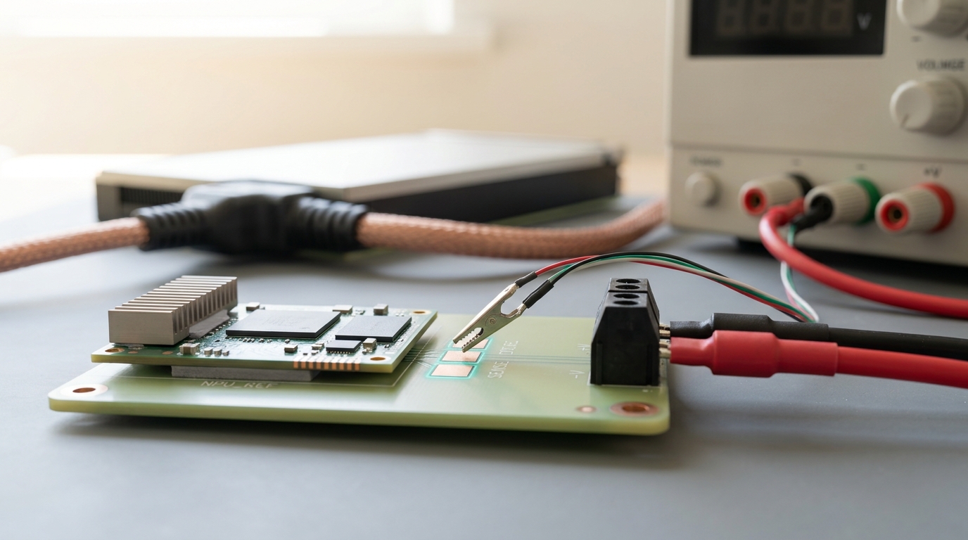 A bench power supply's fine four-wire sense clip lifted part-way off its pad on a small NPU accelerator module, its jaws barely clear, with the heavy power connector of a datacentre card behind
