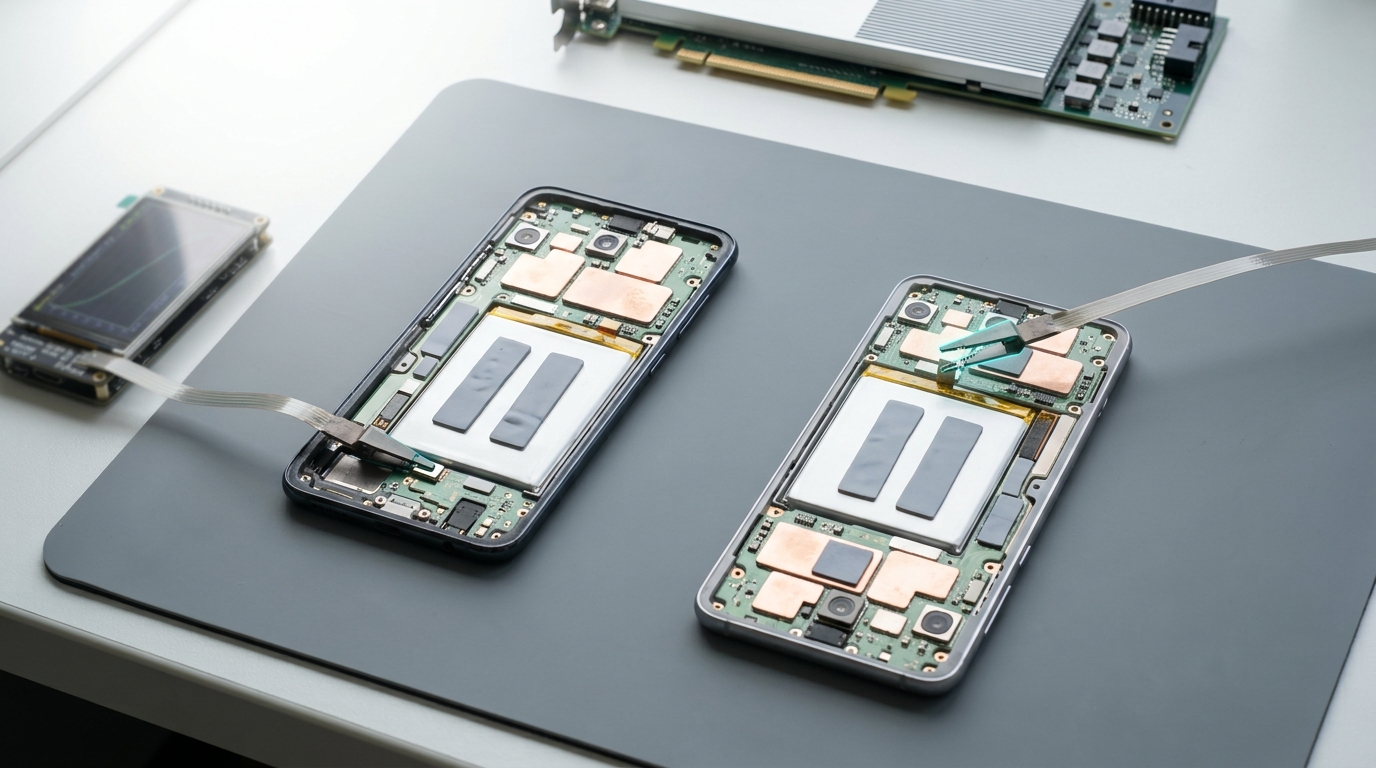 Two visually identical phones lying open side by side on an anti-static mat and wired into a battery-life logging rig, a fine current-sense clip caught half closed on the second phone's battery tab
