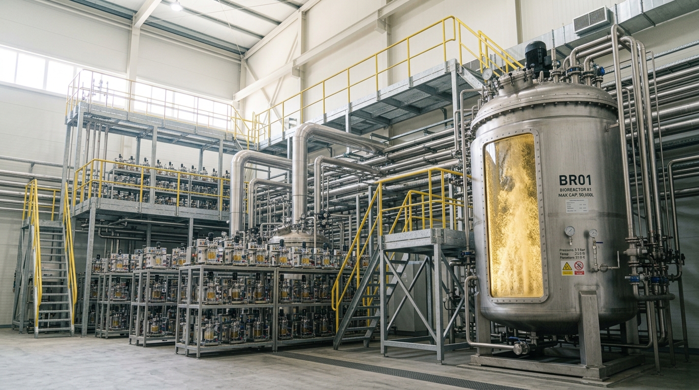 A long row of stainless steel bioreactors in a precision-fermentation hall, one vessel's inoculation port caught open mid-transfer while the rest of the row runs sealed and steady