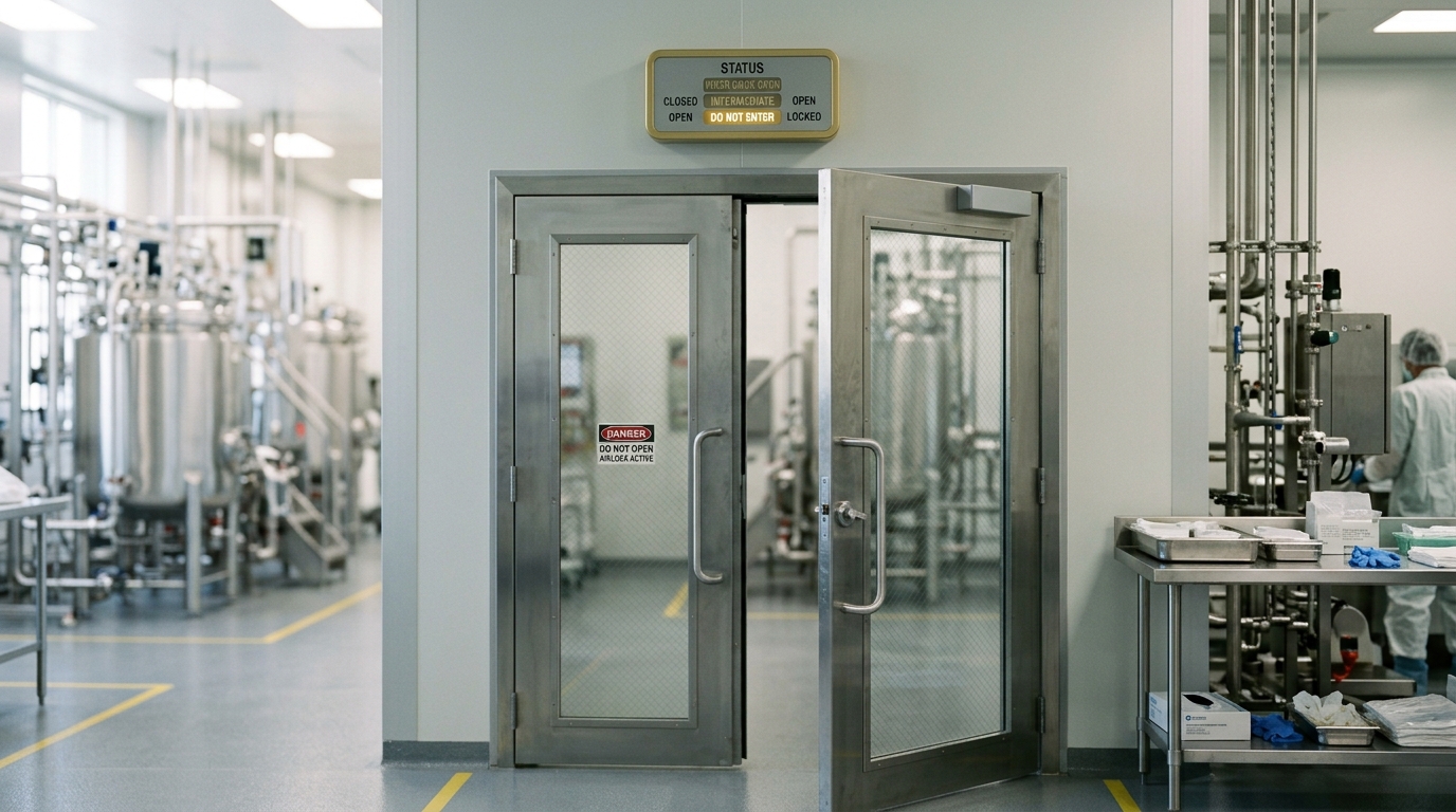A cleanroom-gowned equipment airlock between the inoculation suite and the main hall, its interlocked doors caught with one just cracking open before the other has fully sealed