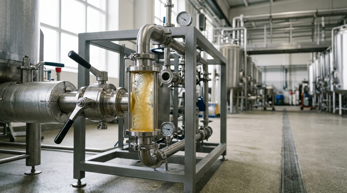A fermentation harvest skid's discharge valve caught mid-transfer, product stream visible through a sight glass as it moves toward downstream separation