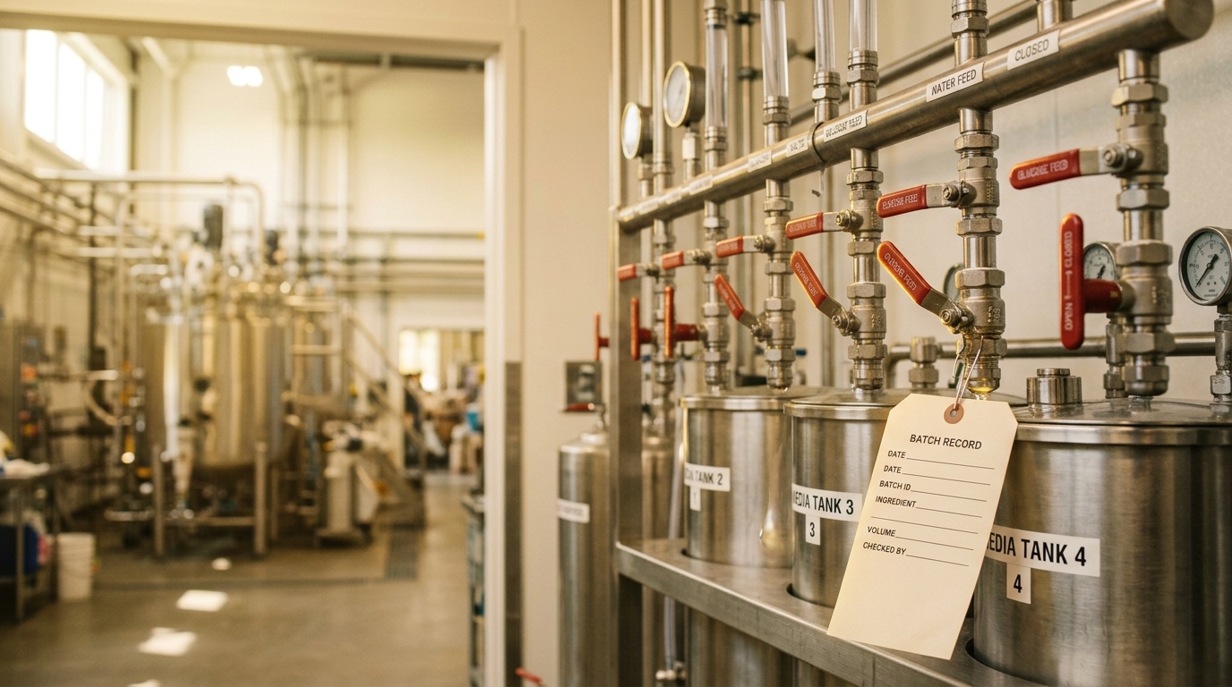 A media-prep tank's formulation valve caught mid-adjustment between two feed lines, a fresh batch record tag still blank on its clip