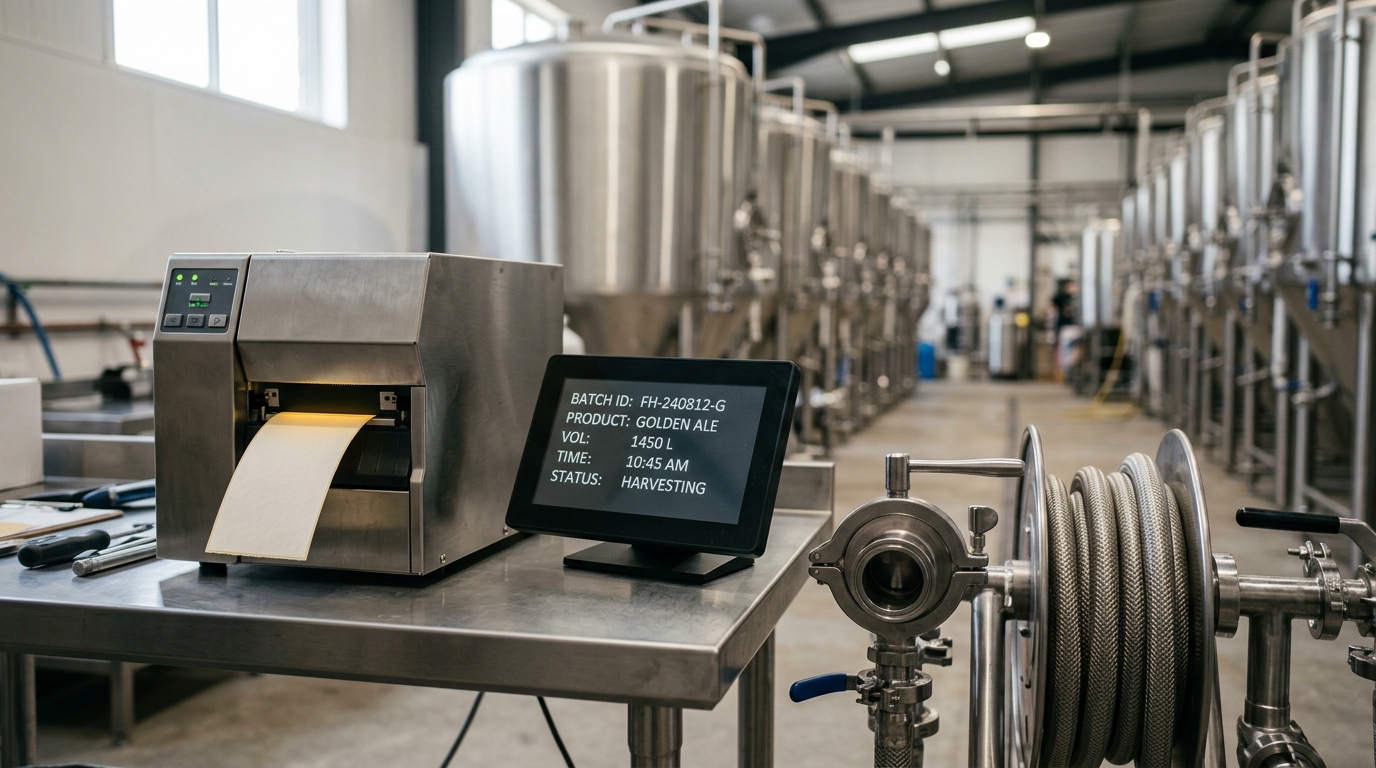 A finished harvest skid's blank label holder waiting at the print station, the batch data visible on a small screen but not yet committed to the printed tag