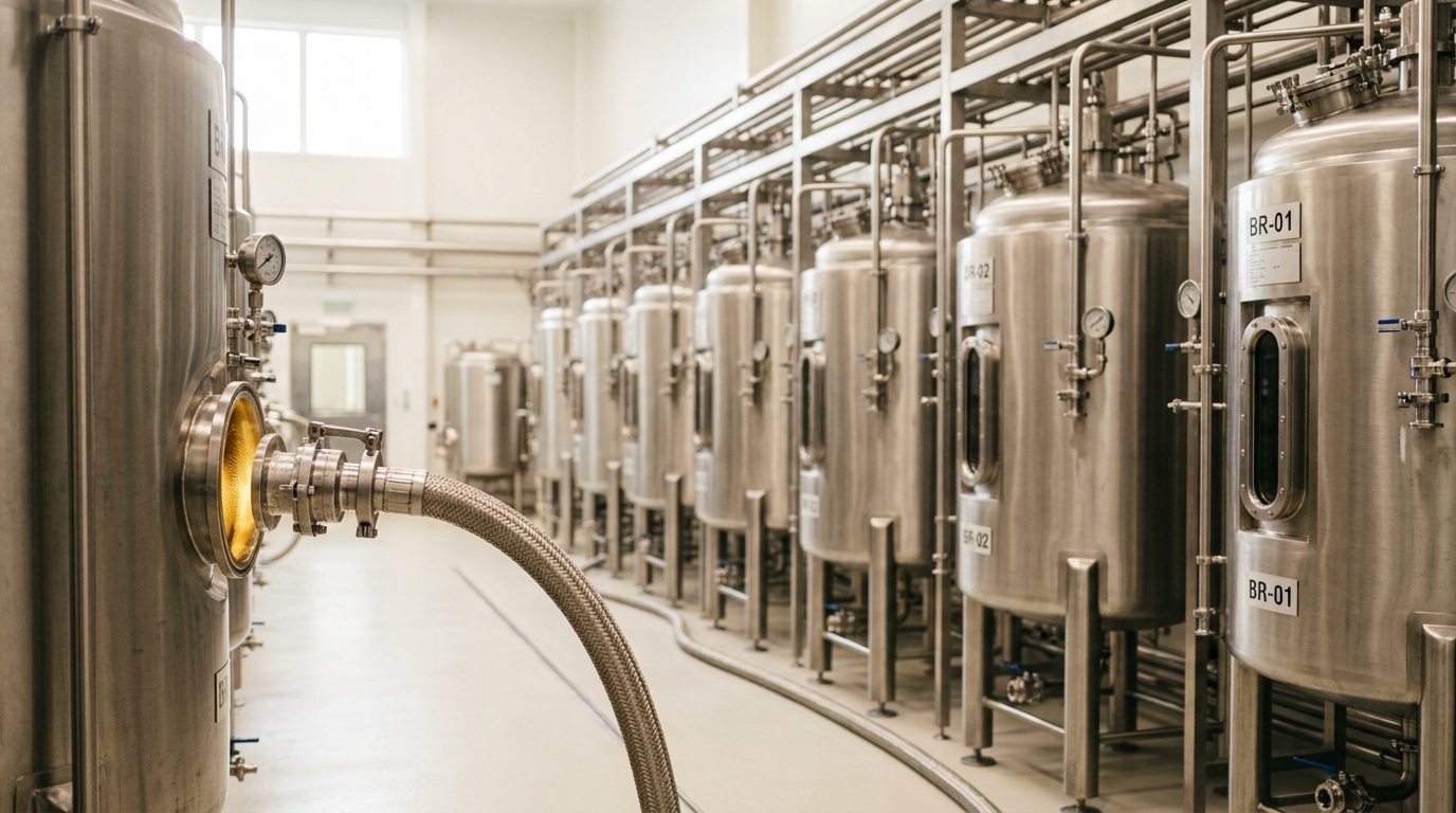 The hall's largest bioreactor mid-sparge, a dense column of fine bubbles rising visibly behind its sight glass as the aeration rate climbs