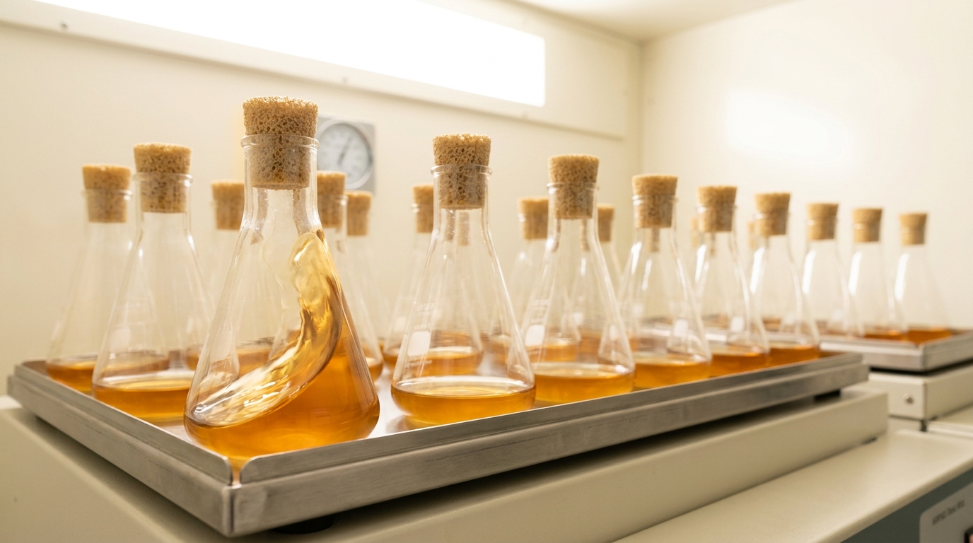 A row of Erlenmeyer flasks racked on a stainless orbital shaker in a bright incubator room, amber-gold broth swirling mid-orbit in the nearest flask with its surface still climbing one side of the glass
