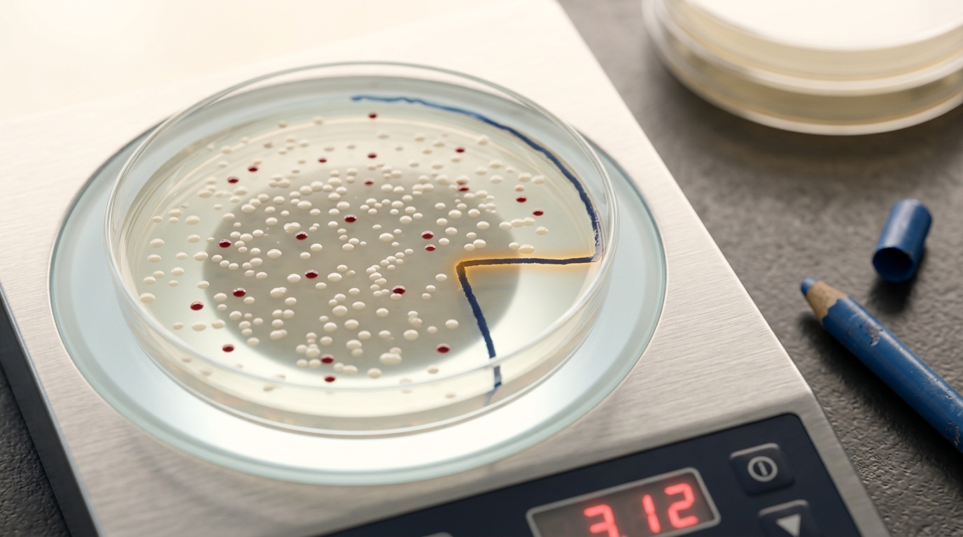 A tetrazolium-arabinose agar plate under a bench colony counter, a dense field of white colonies scattered with red ones, a grease pencil left uncapped beside a boundary line drawn only partway around one quadrant
