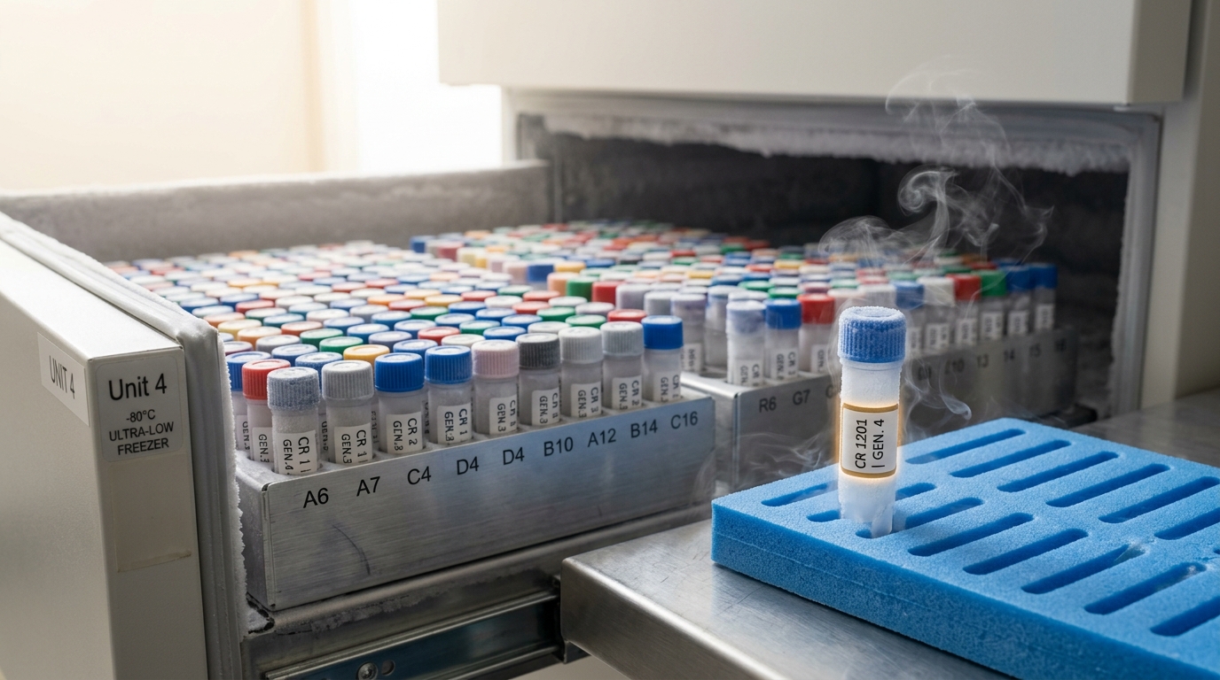 A minus-eighty freezer drawer pulled only halfway out, ranked rows of numbered cryovials receding into the frost, one vial lifted clear of its slot into a slotted foam tray with cold vapor still curling off it