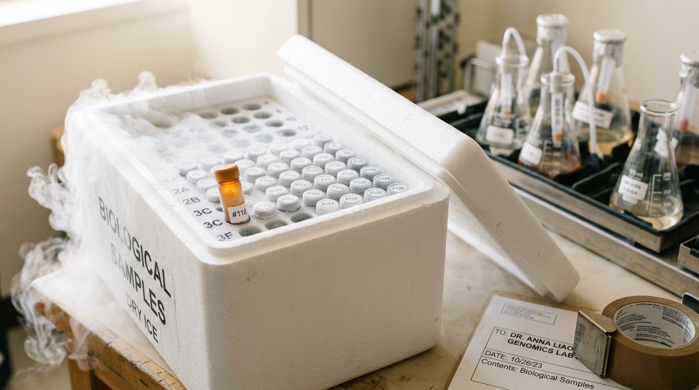 A shipping cooler packed with foam-nested rows of numbered cryovials, dry-ice fog spilling over its rim, the lid propped open and a shipping label only partly filled in on the bench beside it