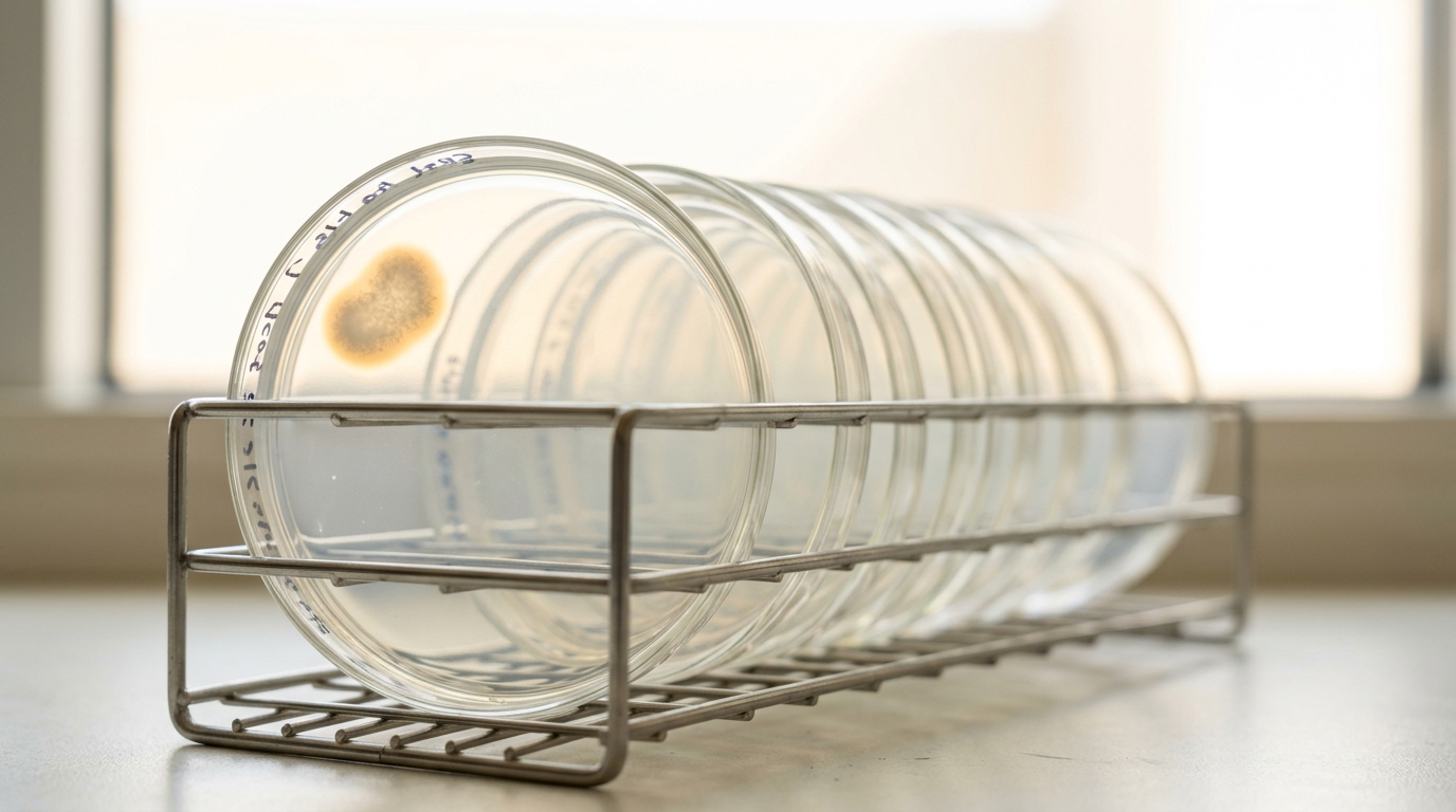 A citrate-minimal agar plate propped upright in a drying rack against bright window light, its lawn almost entirely clear except for one small haze of colonies growing in a single patch near the rim