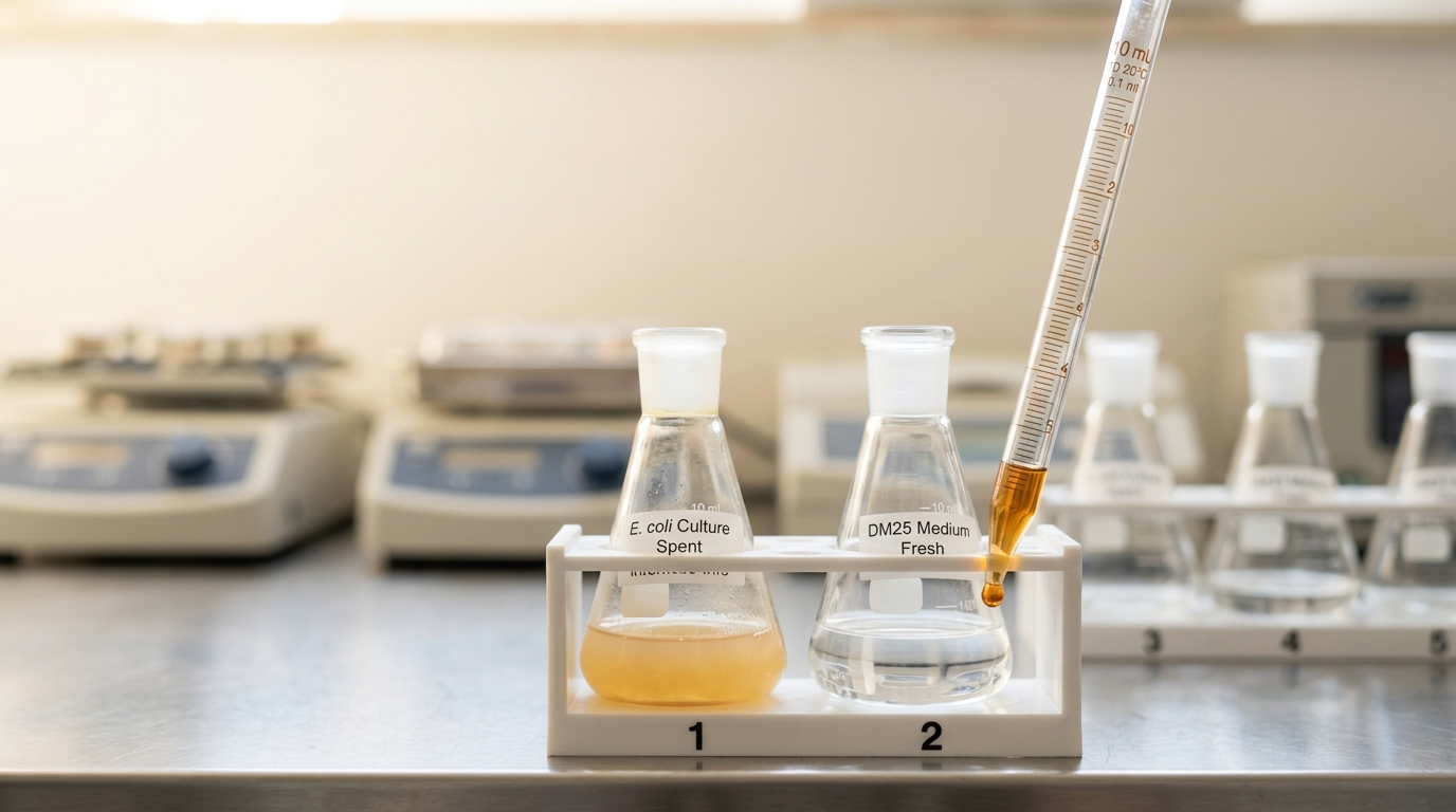 A serological pipette withdrawn from a spent flask of E. coli culture with a single bead of the old broth still hanging from its tip, a fresh open flask of DM25 waiting alongside and not yet receiving it