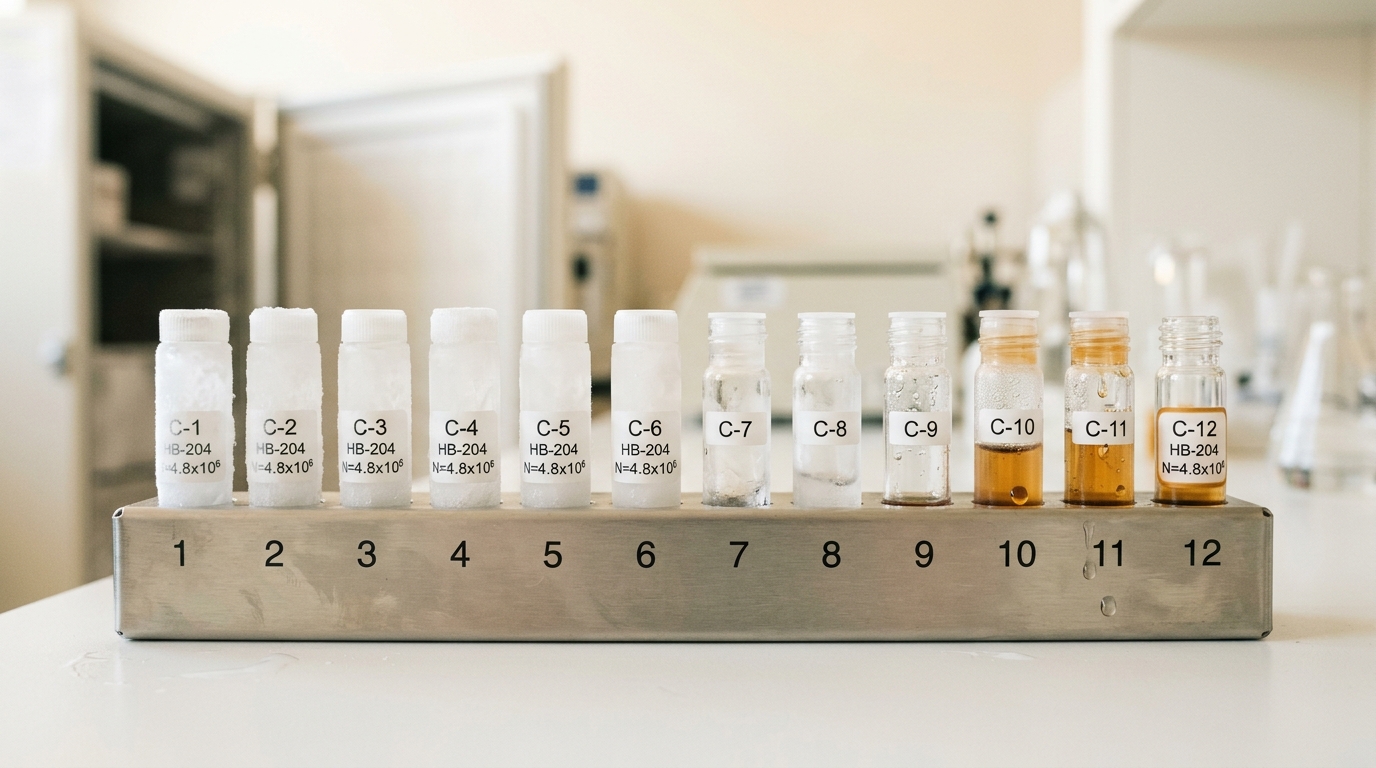 Twelve numbered cryovials lined up in a metal thawing rack, several still opaque with frost and several already gone clear, condensation beads sliding partway down two of them