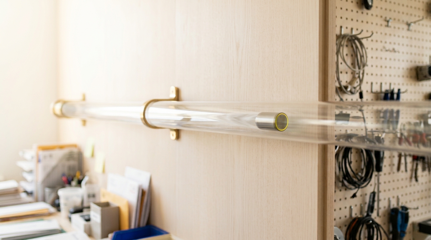 A brass and glass pneumatic tube junction where a transport capsule kicked back by a rejection gate is caught mid-flight inside the glass section, heading back toward the intake tube it left