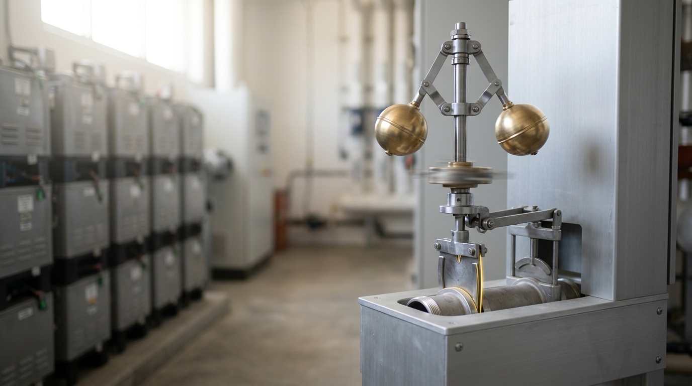 A centrifugal flyball governor on a steel console with its brass balls risen part-way outward and the linked throttle gate caught mid-close, a wide-open bypass gate visible beside it