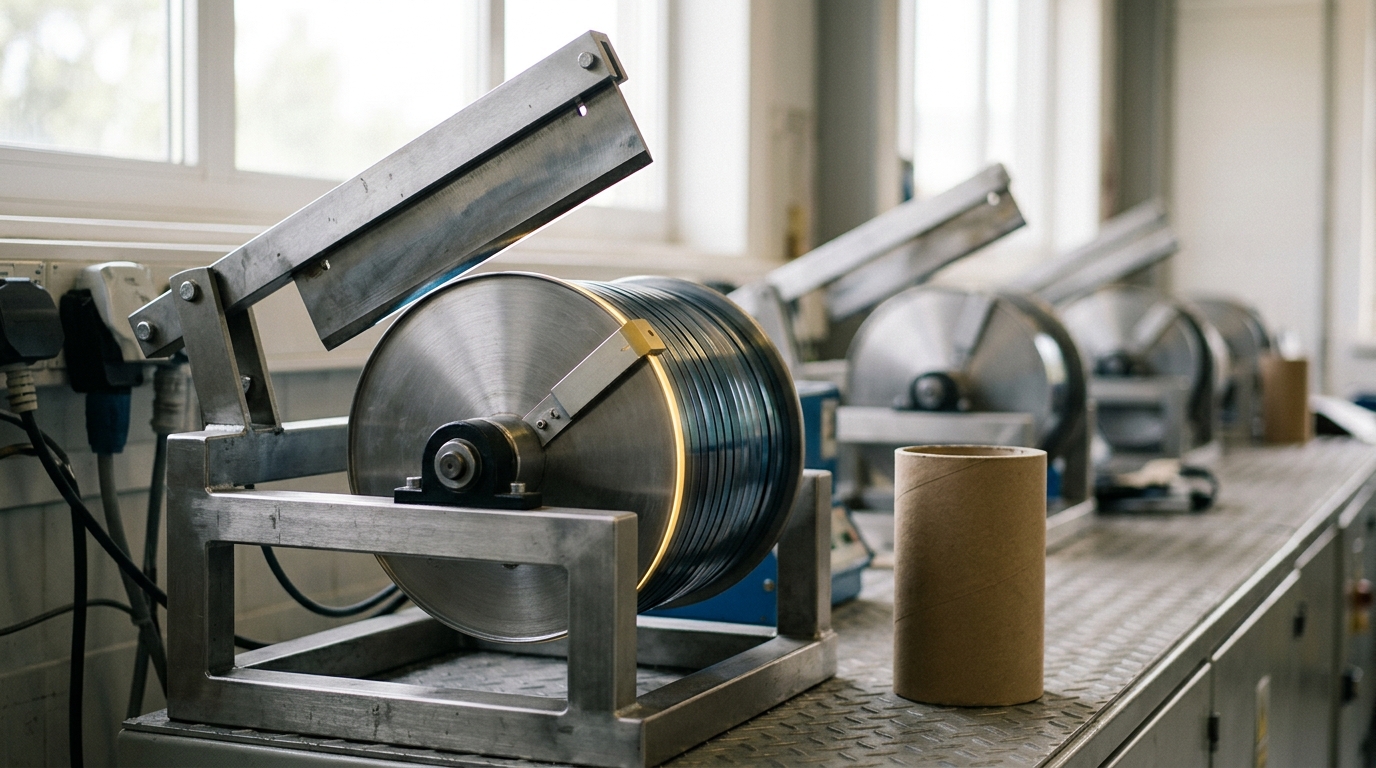 A steel accumulator drum wound nearly to its rated capacity mark with a blued spring-steel band, a guillotine blade poised just above the band and a fresh empty core waiting alongside, not yet swung into place
