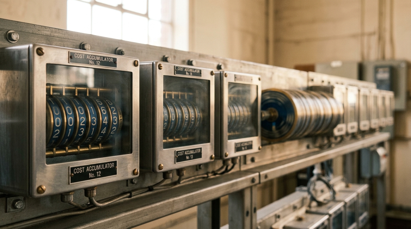 A close row of brushed-steel accumulator modules, the nearest module's digit wheels barely turned while a module further along the row shows its wheels blurred mid-spin from turning through many more digits
