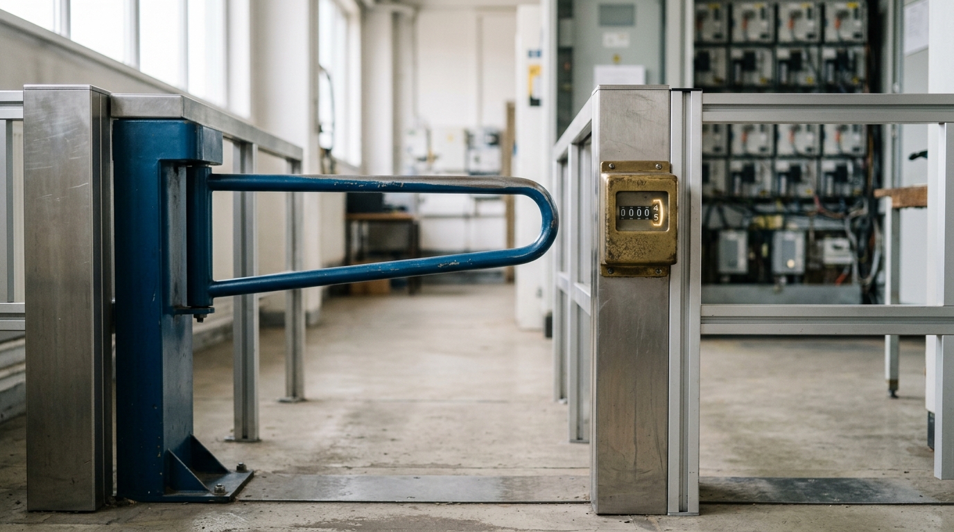 A chest-height steel turnstile arm caught mid-swing through a narrow gate lane, its tally wheel one digit short of registering, a wider unrestricted aisle visible beyond