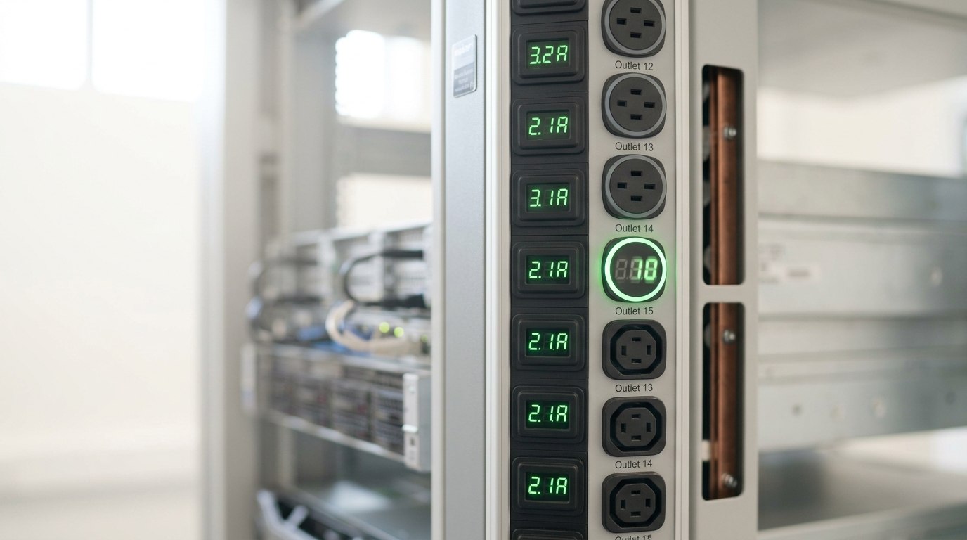 A branch-circuit power-distribution unit feeding a compute rack, one outlet's digital current readout caught mid-refresh as it climbs while neighbouring outlets sit at a steady lower draw