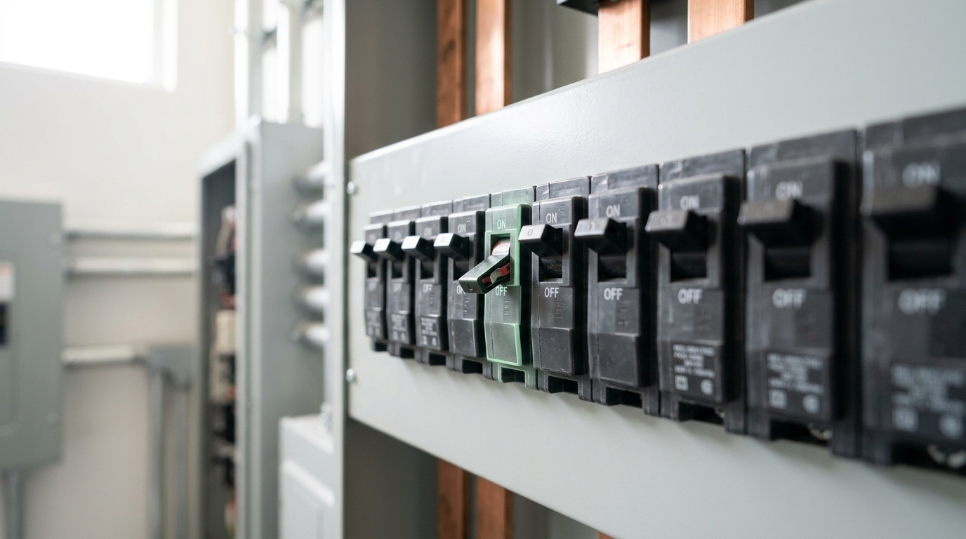 A row of moulded-case circuit breakers with one handle caught mid-throw at its trip point, the toggle half out of its detent while its neighbours sit firmly set
