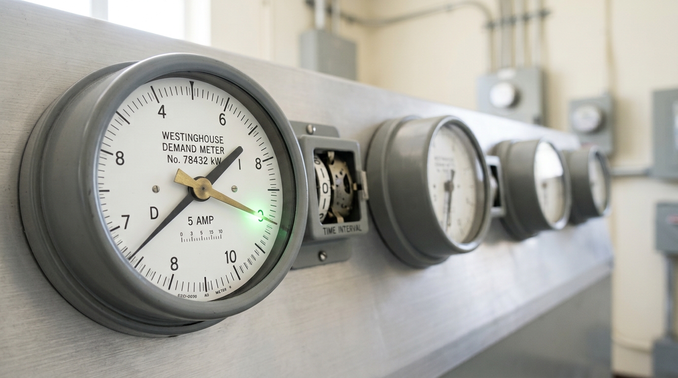 A mechanical rolling-demand meter with its indicating pointer caught mid-sweep past the drag pointer's previous high mark, the drag pointer still sitting at the old position
