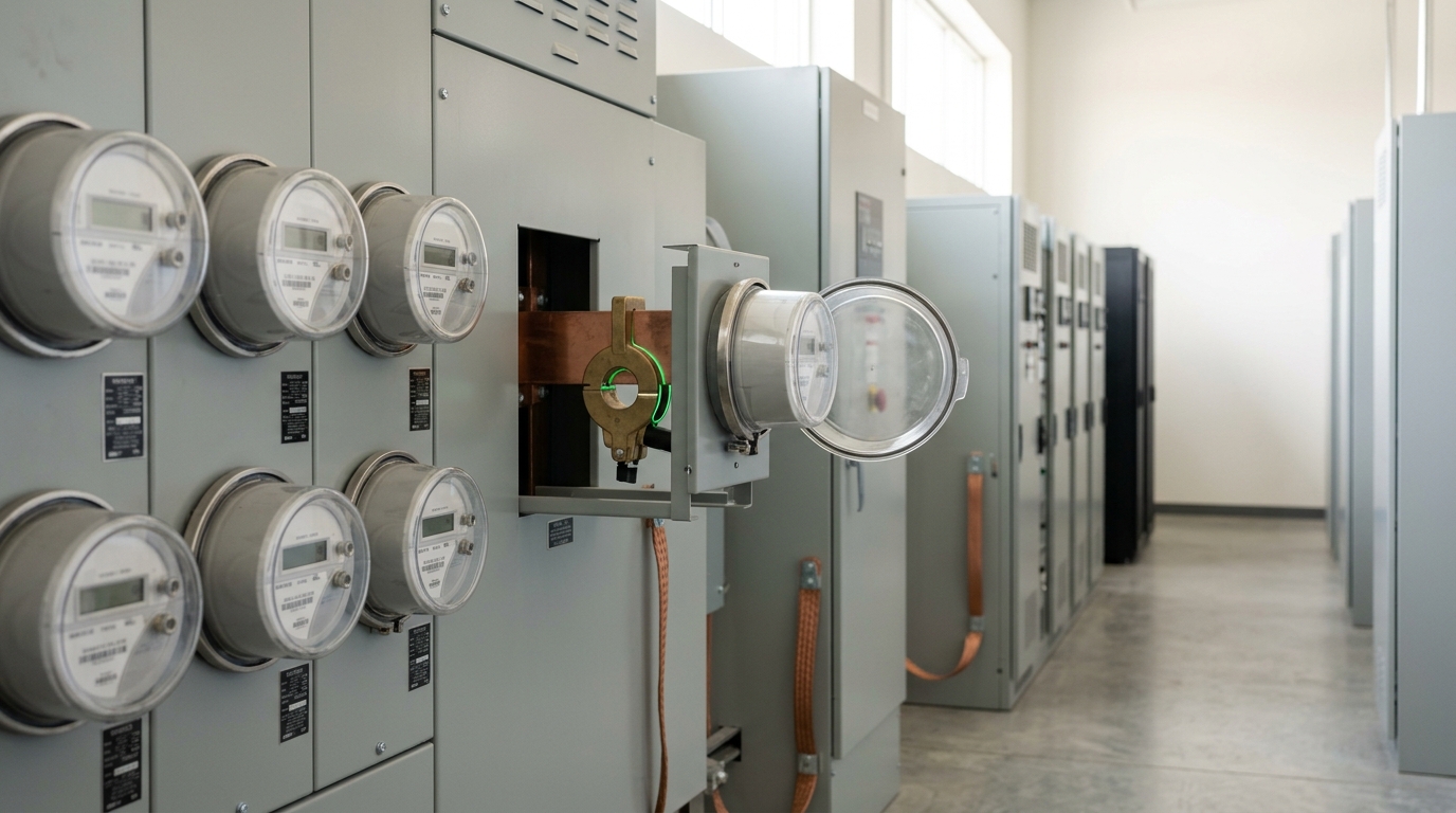 A revenue-grade kWh meter being wired onto a copper busbar, its current-transformer clamp caught mid-close around the bar with the meter's clear cover not yet seated