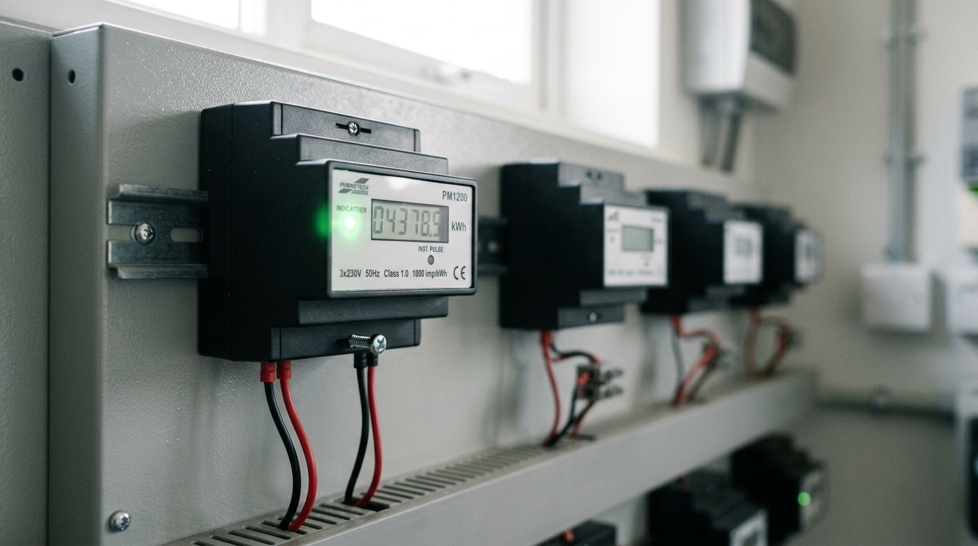 A pulse-output electric meter mounted beside a billing-mediation terminal block, its indicator LED caught mid-flash the instant before a wire lead carries the pulse onward to the register