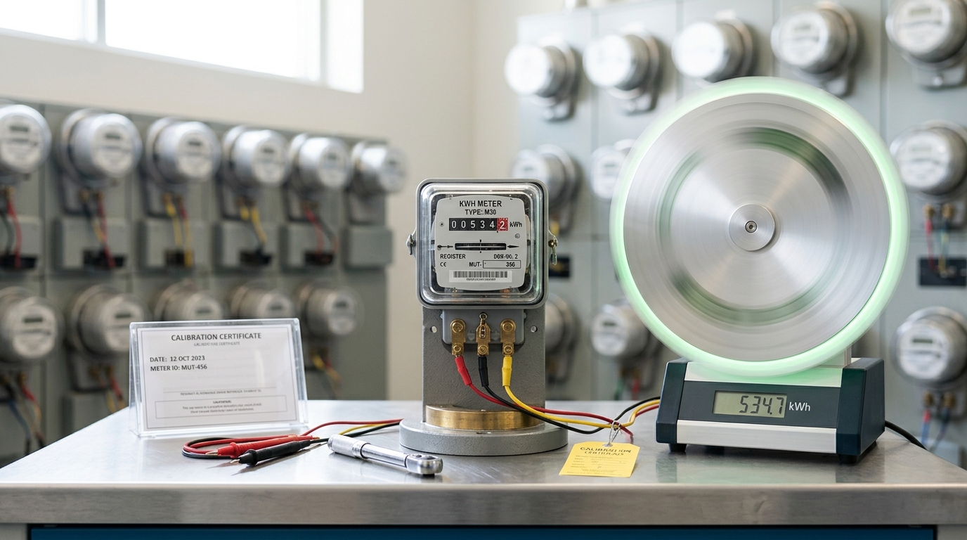 A meter calibration test bench with a revenue meter under test wired beside a rotating reference standard, the standard's spinning disc caught mid-blur as the comparison runs