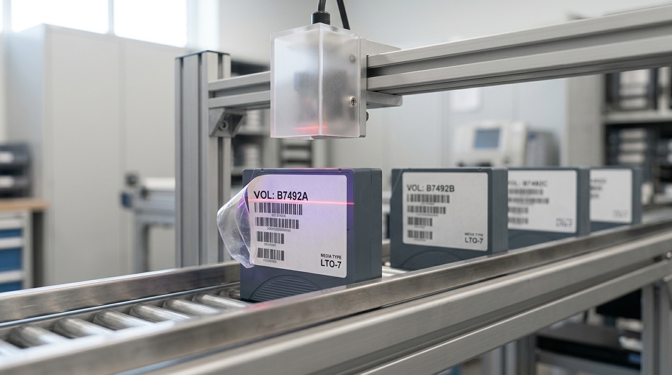 A control cartridge's printed label caught mid-scan under an optical reader, the label's edge visibly lifted and out of register with the shell beneath it, while identical cartridges wait in line behind it